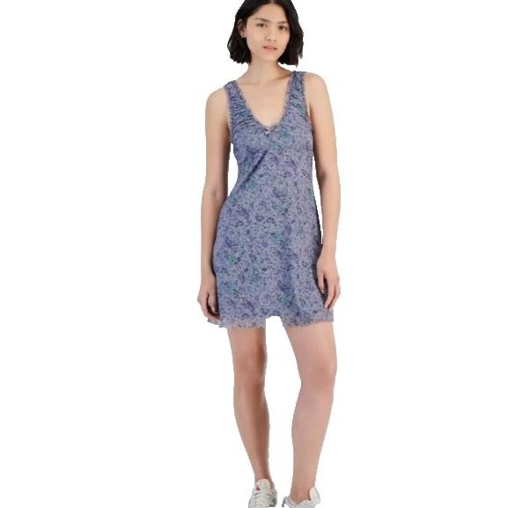 Hippie Rose Gray Blue Floral Dress Small NWT Sleeveless V‑Neck Ruffle Hem